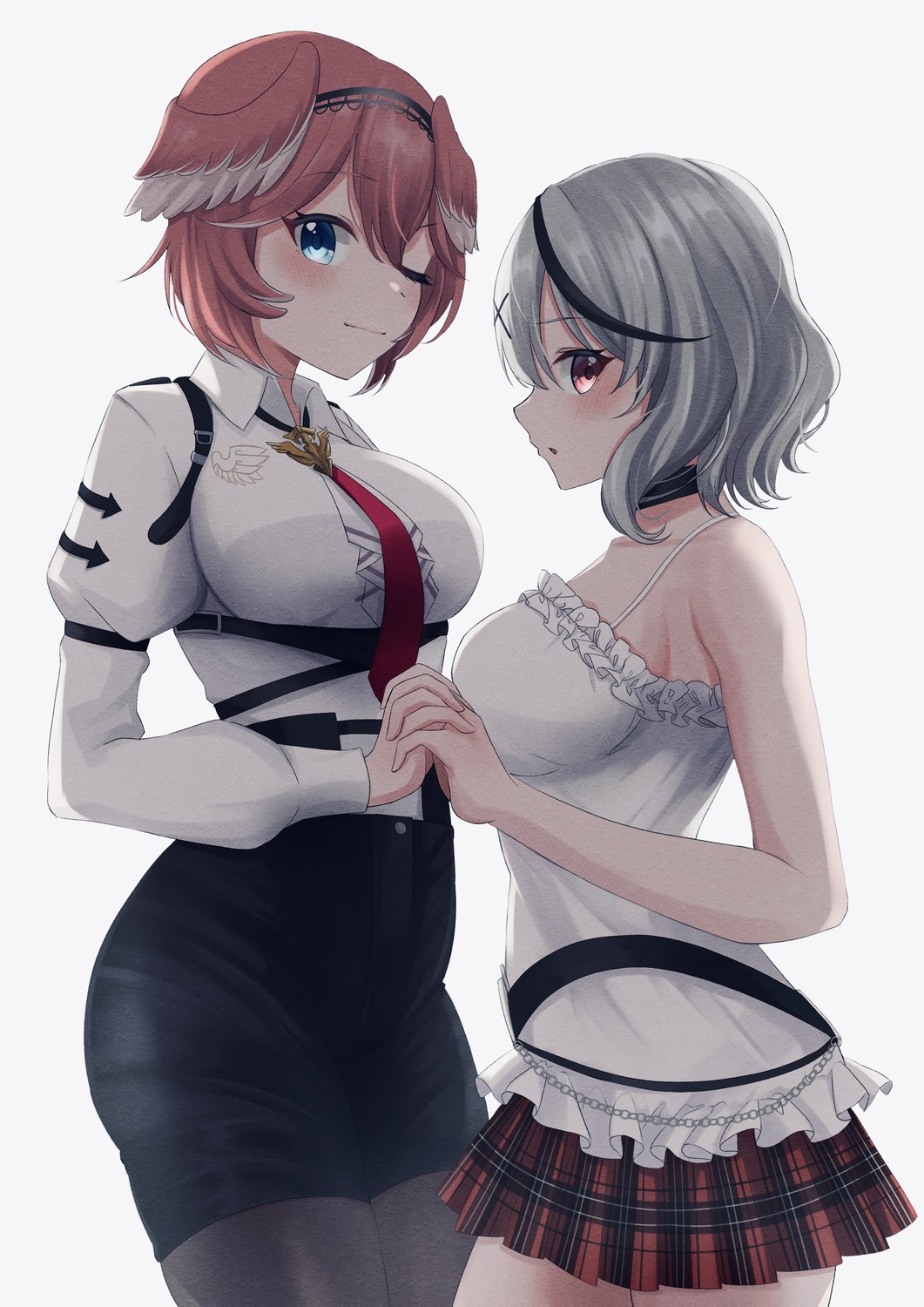 hololive, pantyhose, sakamata_chloe, solfart, takane_lui, uniform, wings