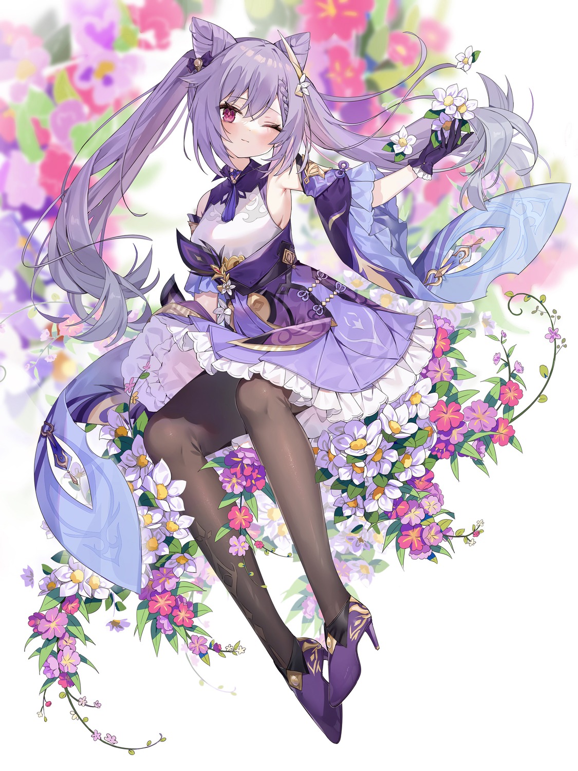 asian_clothes, genshin_impact, heels, keqing, pantyhose, skirt_lift, yuia