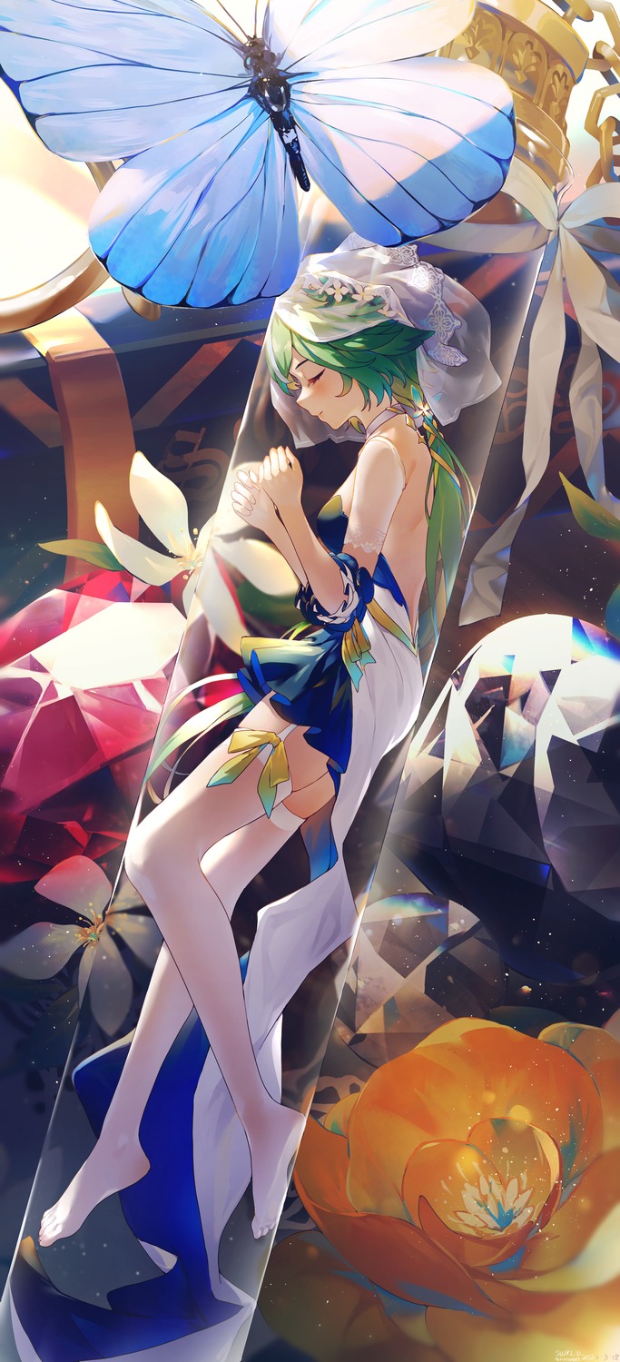 dress, genshin_impact, no_bra, see_through, stockings, sucrose, swkl:d, thighhighs