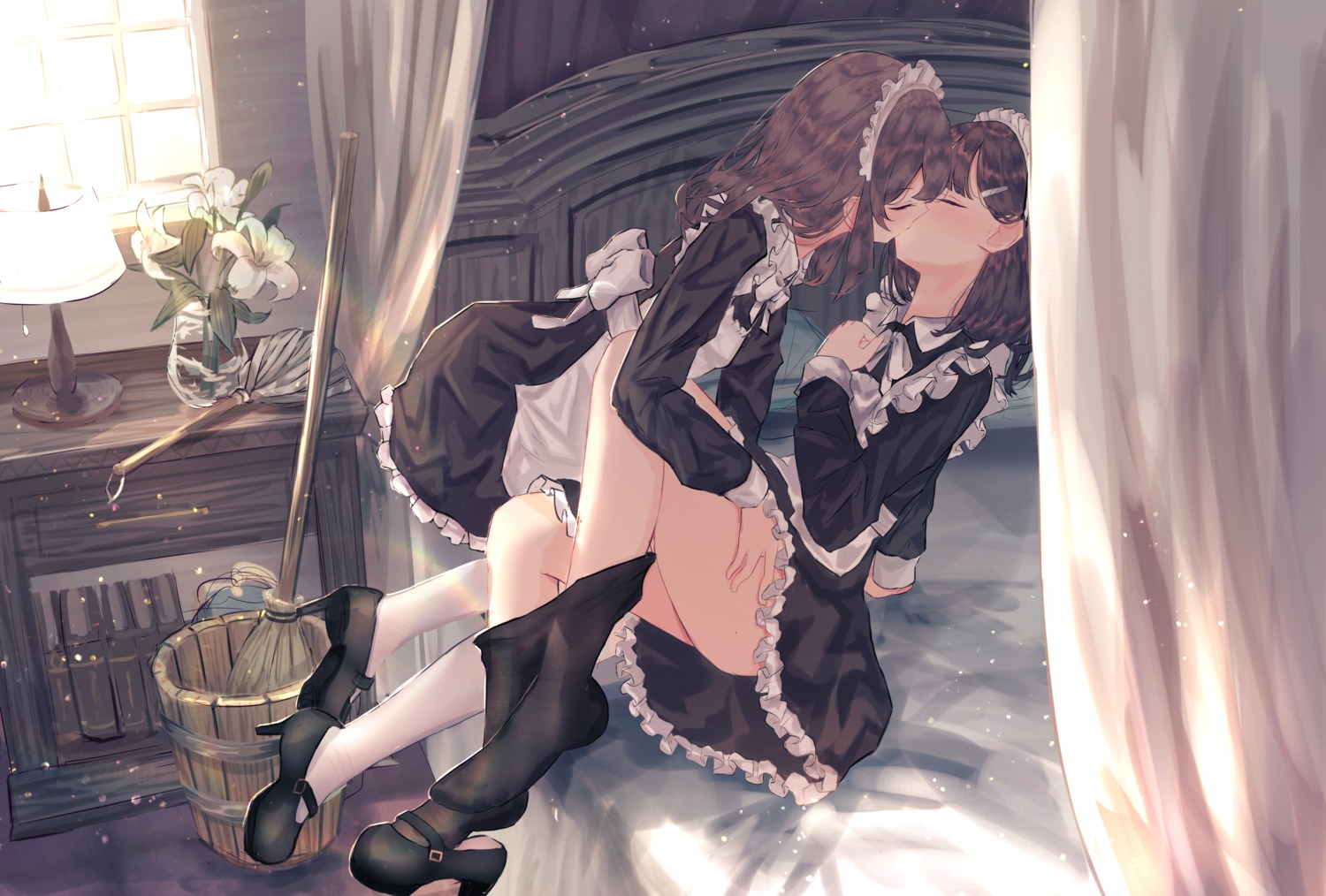 benevole, heels, maid, pantyhose, skirt_lift, yuri