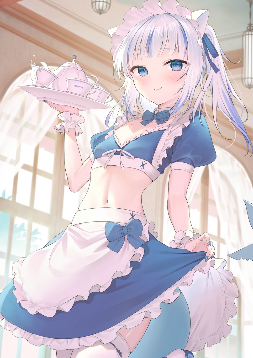 animal_ears, cleavage, gawr_gura, hololive, hololive_english, maid, nekomimi, skirt_lift