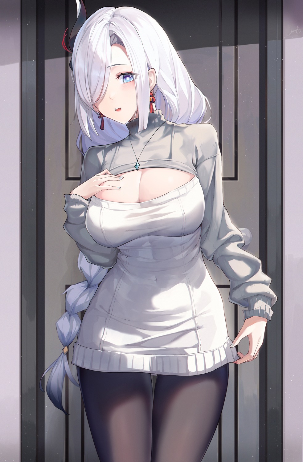 cleavage, dress, genshin_impact, pantyhose, shenhe, snozaki, sweater