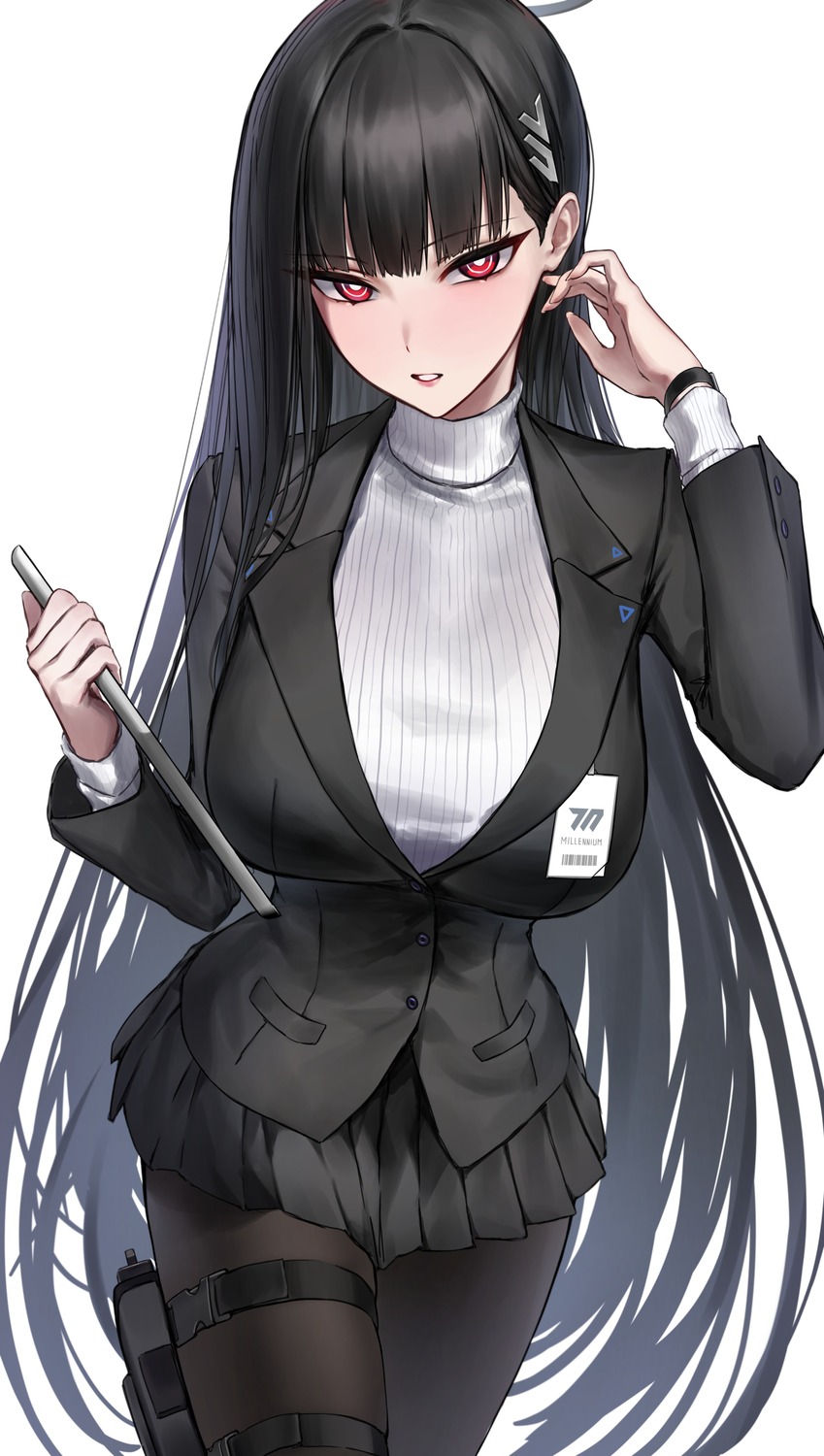blue_archive, business_suit, garter, gun, halo, monegi, pantyhose, sweater, tsukatsuki_rio