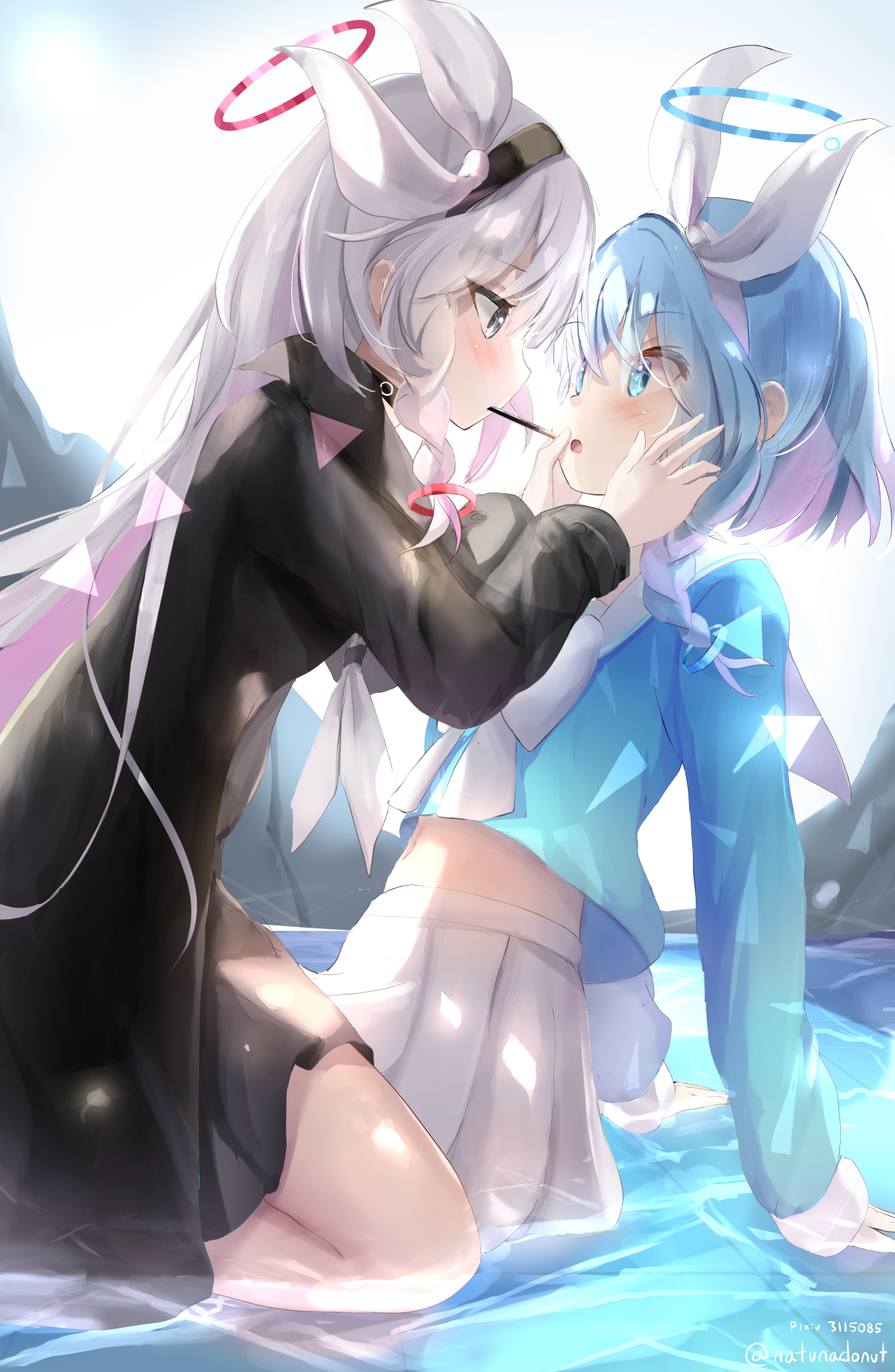 arona_(blue_archive), blue_archive, halo, plana_(blue_archive), seifuku, wet, yonjyuugo, yuri
