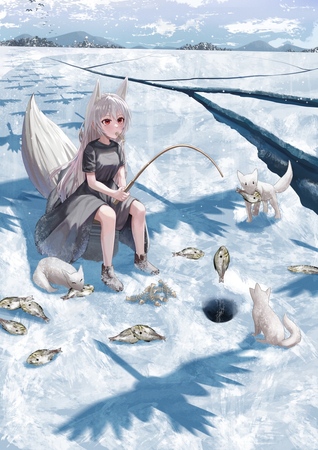 animal_ears, dress, kitsune, landscape, silvertsuki1, tail