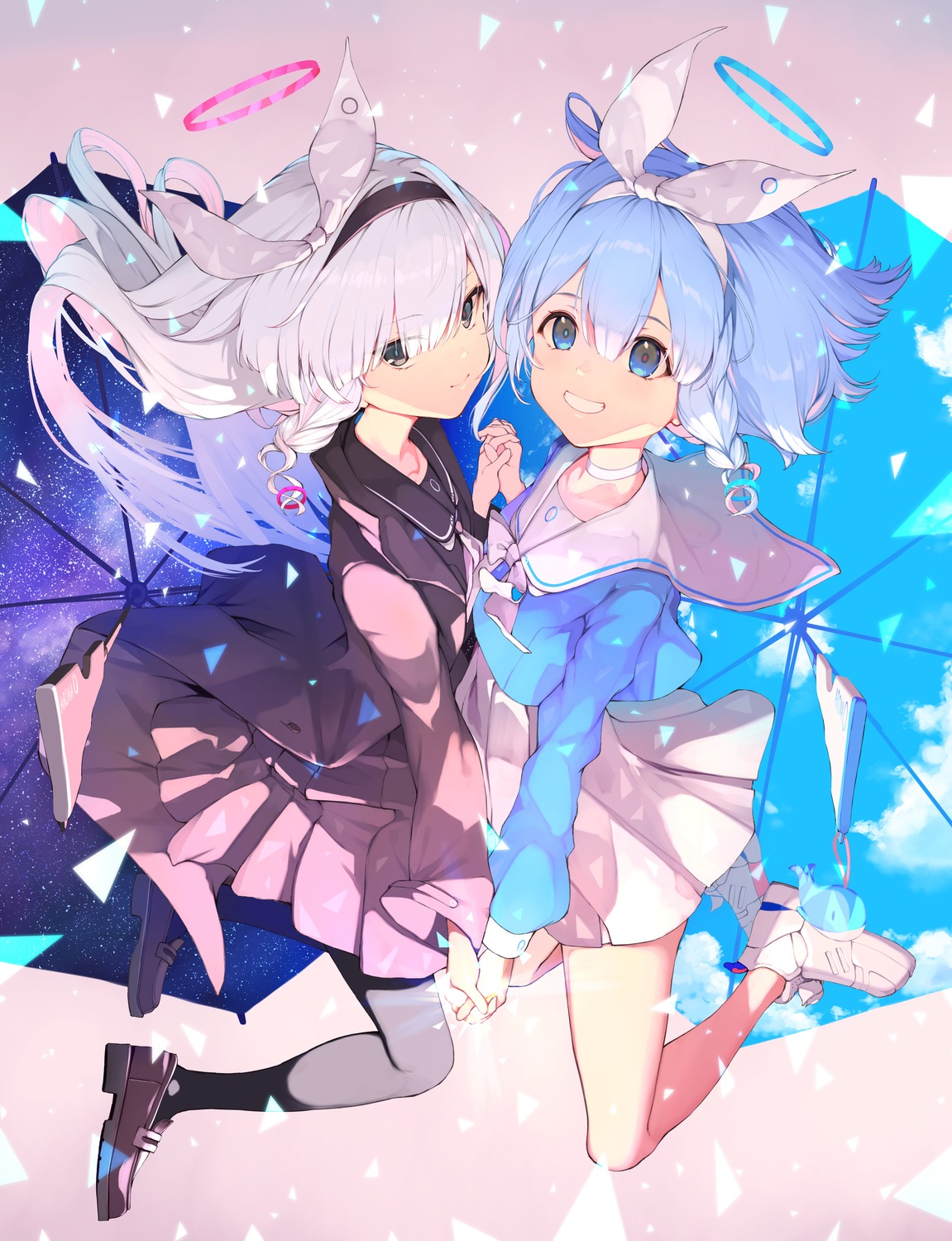 arona_(blue_archive), blue_archive, halo, pantyhose, piisu, plana_(blue_archive), seifuku, skirt_lift