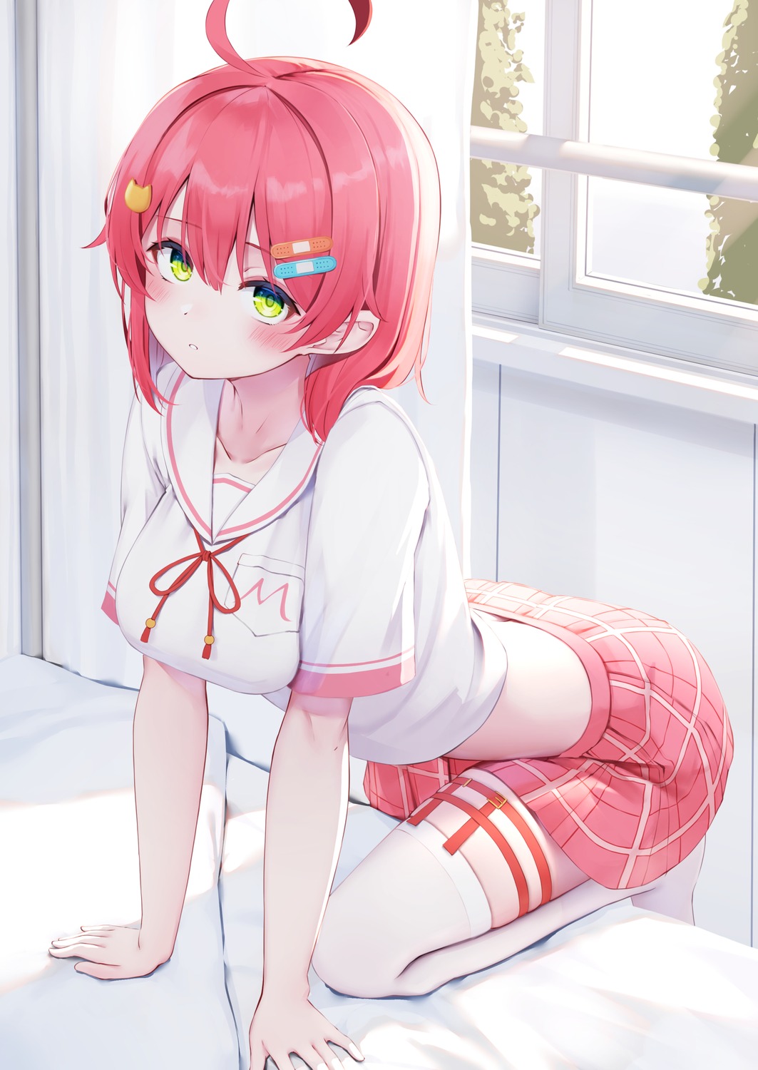 garter, hololive, nyan_(reinyan_007), sakura_miko, seifuku, stockings, thighhighs
