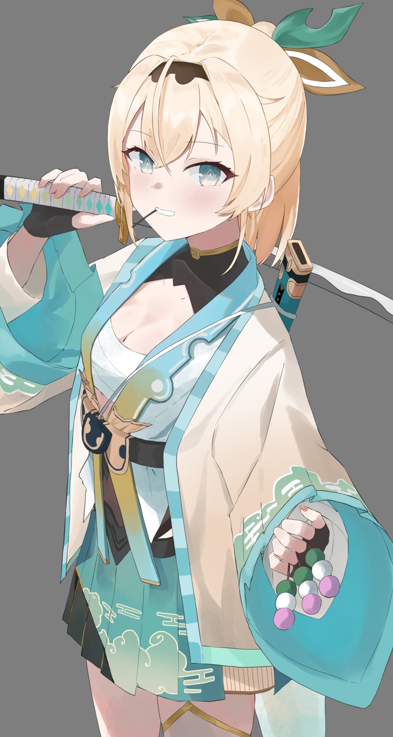 evening_rabbit, hololive, japanese_clothes, kazama_iroha, open_shirt, sarashi, sword, thighhighs