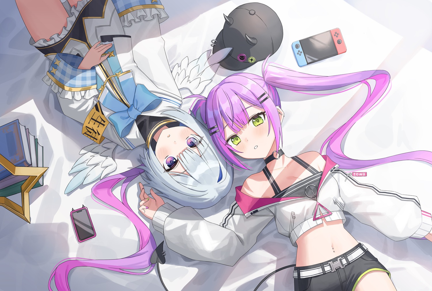 amane_kanata, angel, beomko, hololive, tail, tokoyami_towa, wings