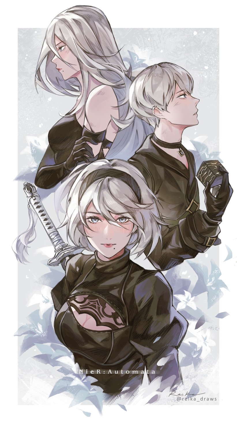 cleavage, mecha_musume, nier, nier_automata, shiro-hane, sword, yorha_no.2_type_b, yorha_no.9_type_s, yorha_type_a_no.2