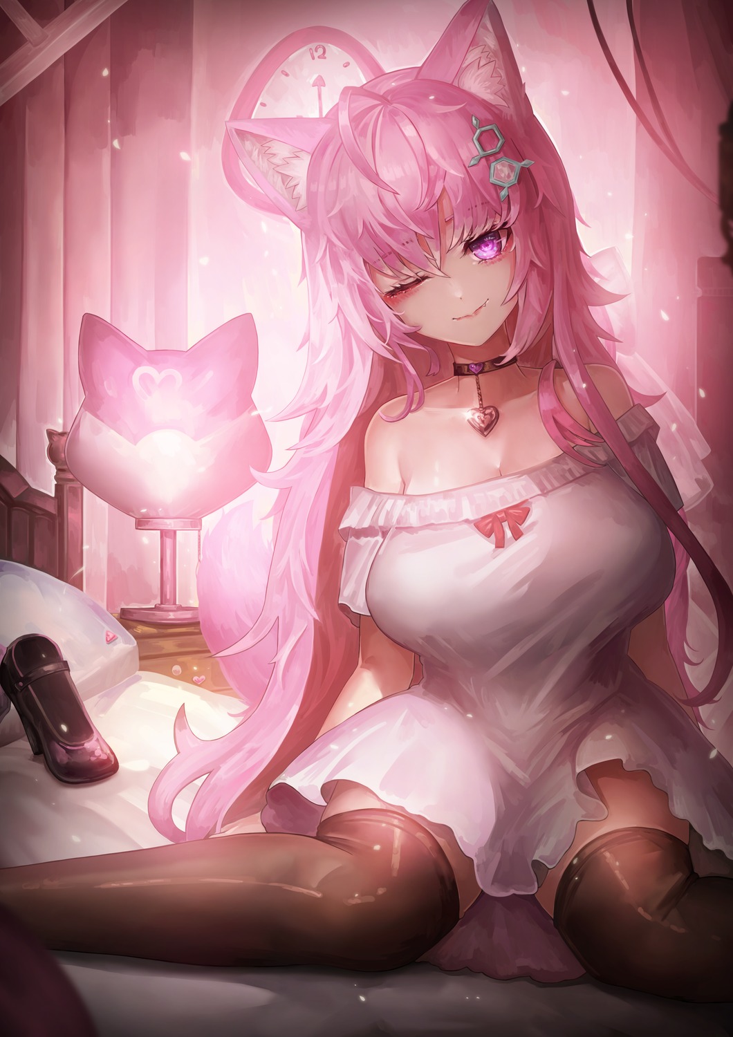 animal_ears, dress, hakui_koyori, hololive, thighhighs, ziteng_yue