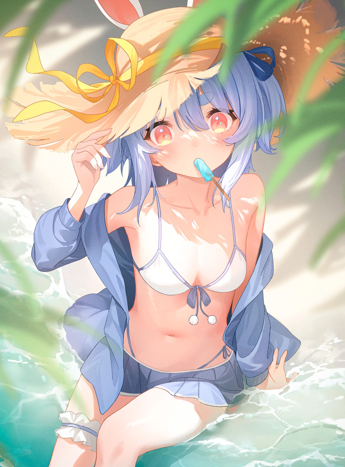 animal_ears, bikini, bunny_ears, garter, hololive, open_shirt, ruien, swimsuits, usada_pekora, wet