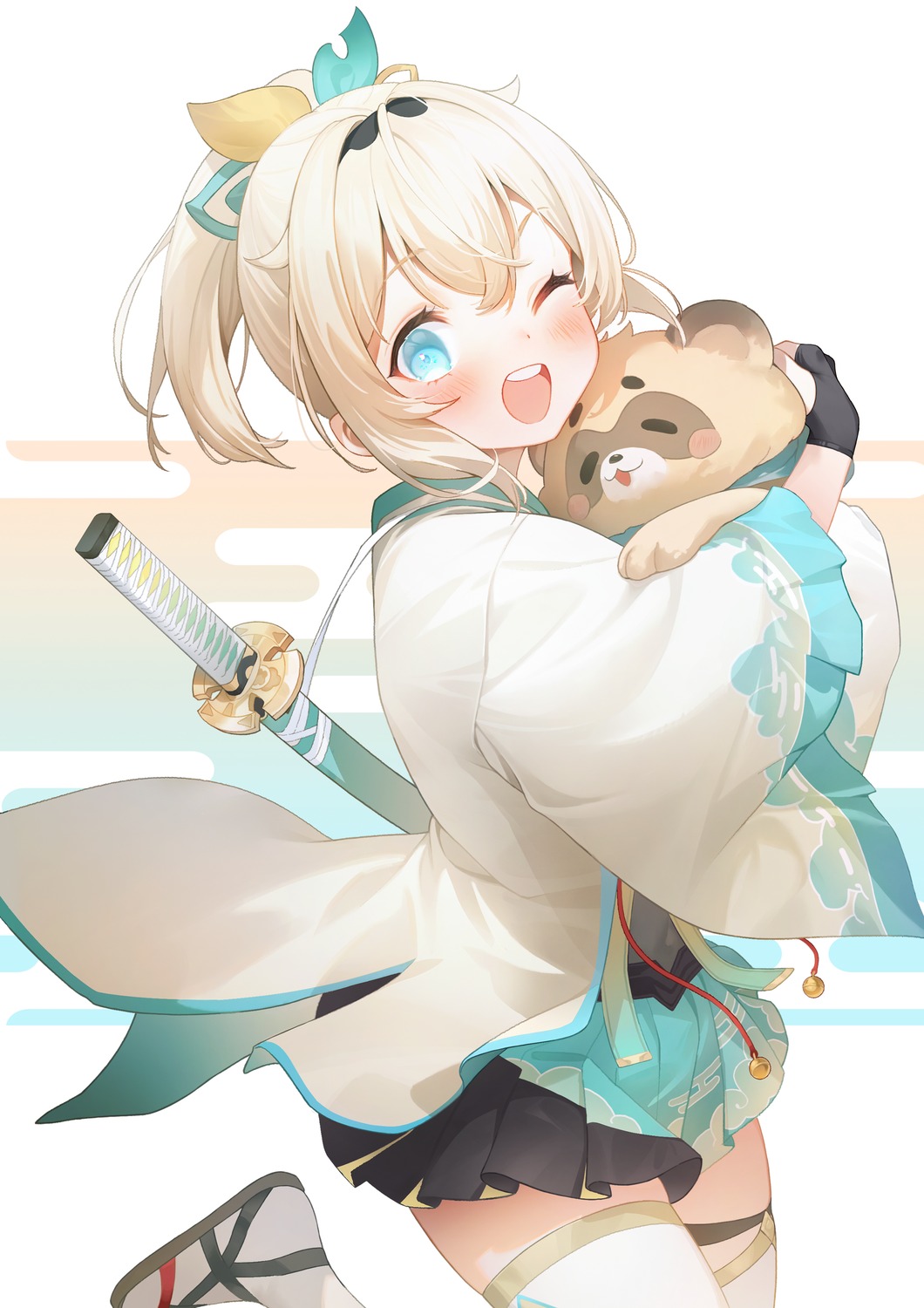 garter, hololive, japanese_clothes, kazama_iroha, ruien, sword, thighhighs