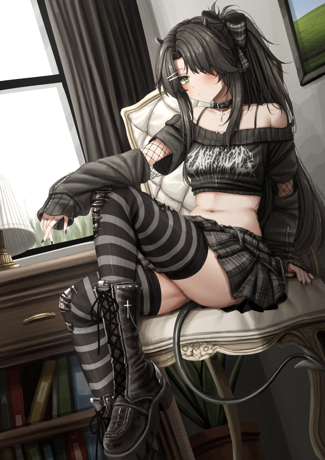 horns, lobsteranian, skirt_lift, tail, thighhighs