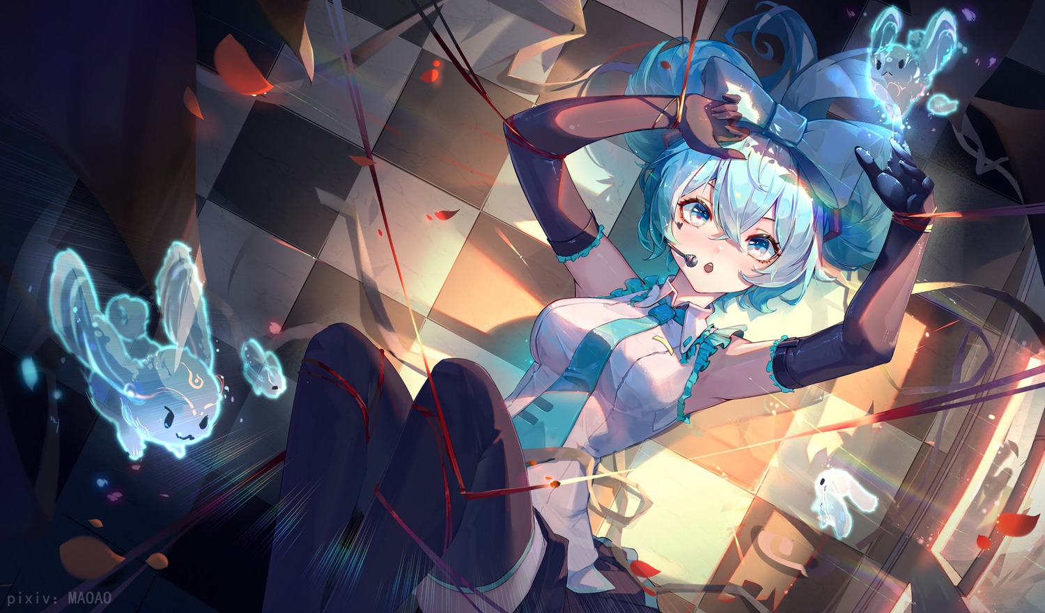 bondage, cinnamiku, hatsune_miku, headphones, maoao, tattoo, thighhighs, vocaloid