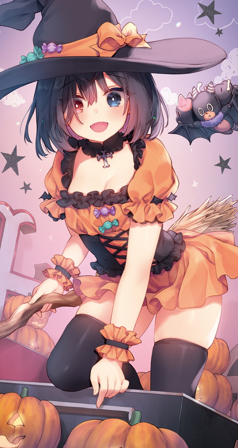 cleavage, halloween, heterochromia, konomi, liar_liar, shiina_tsumugi, thighhighs, witch