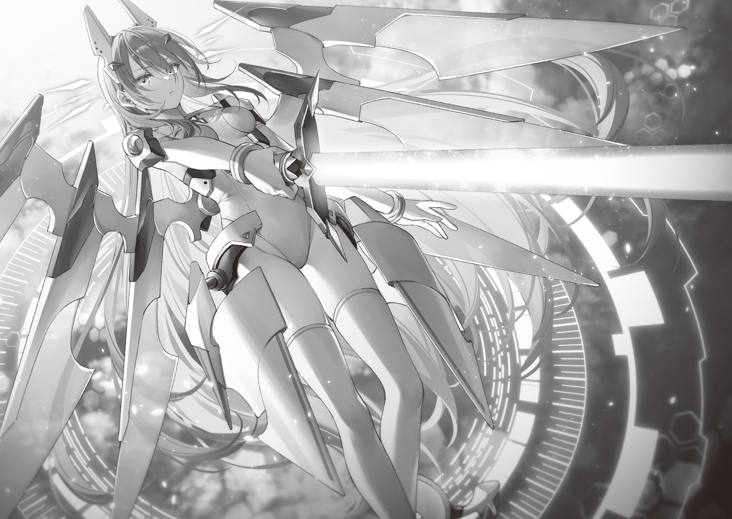 horns, leotard, mecha_musume, monochrome, schwertileite_terminate, seiken_gakuin_no_maken_tsukai, sword, thighhighs
