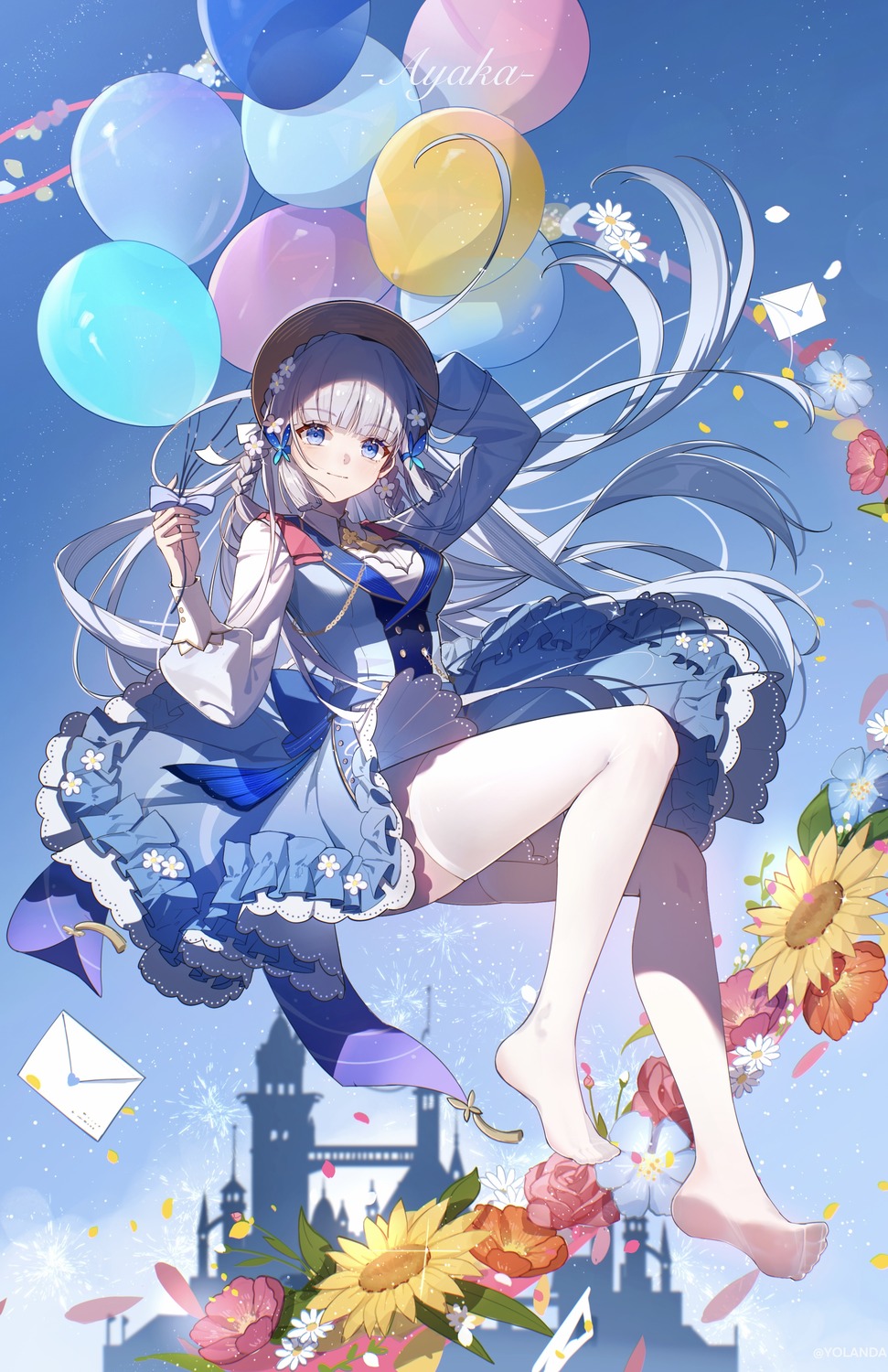 genshin_impact, kamisato_ayaka, skirt_lift, thighhighs, yolanda