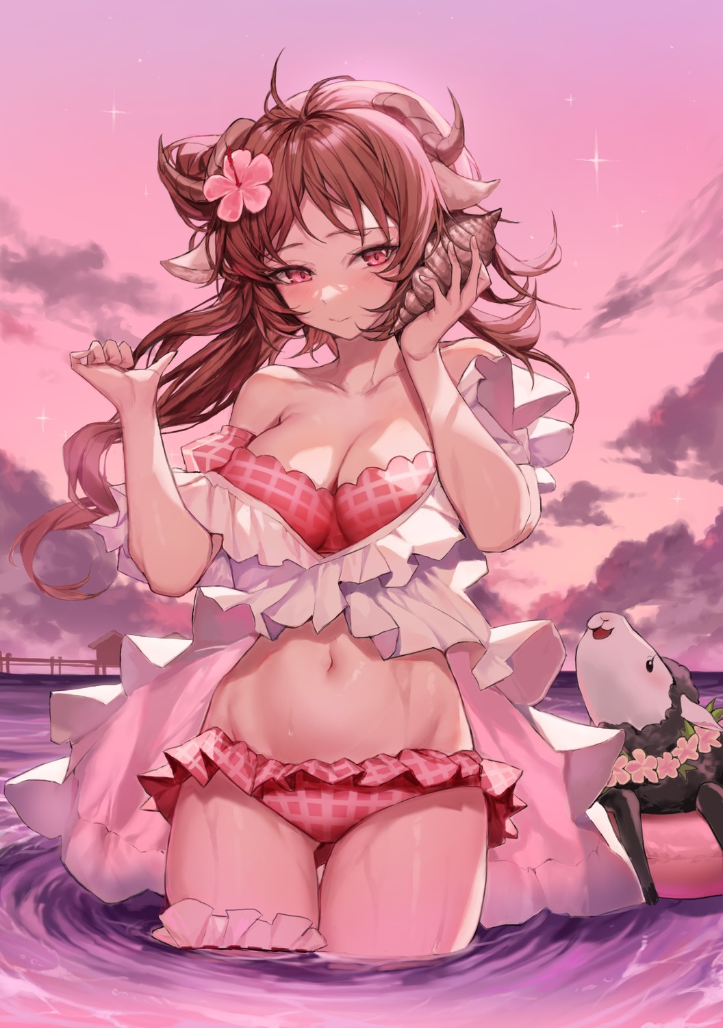 animal_ears, arknights, bikini, eyjafjalla_(arknights), garter, horns, molyb, swimsuits