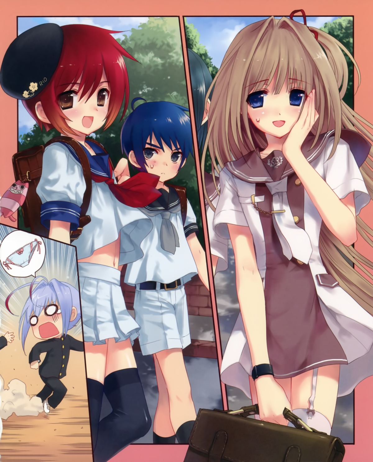 kasukabe_akira, male, otokonoko_wa_meidofuku_ga_osuki!?, rio_(otosuki), seifuku, stockings, thighhighs, tomo_(otosuki)