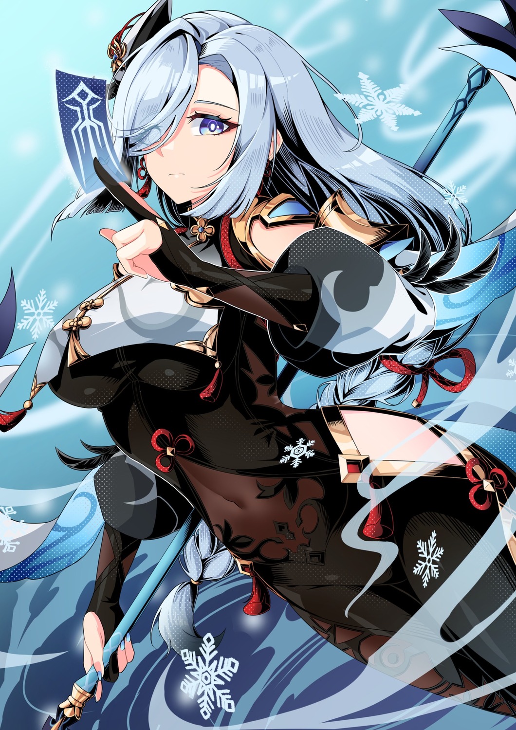 asian_clothes, bodysuit, genshin_impact, shenhe, weapon, yuito_(yuitokobunasbs0)