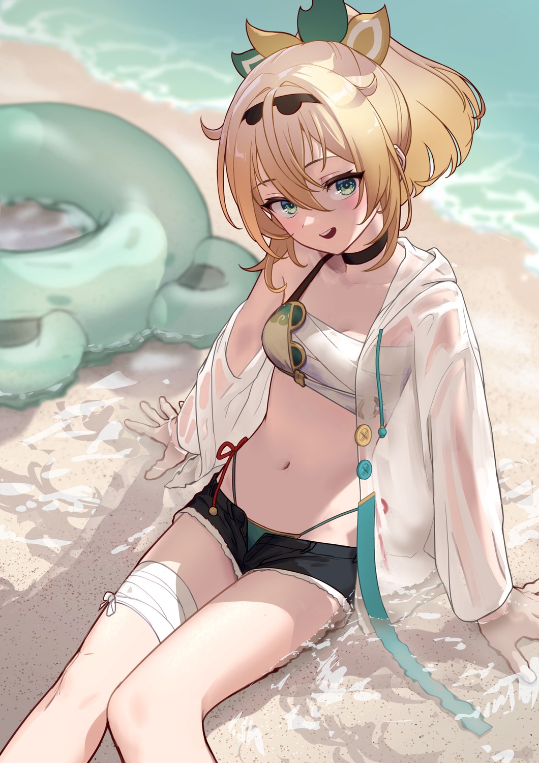arimoto_wataru, bandages, bikini, hololive, japanese_clothes, kazama_iroha, open_shirt, sarashi