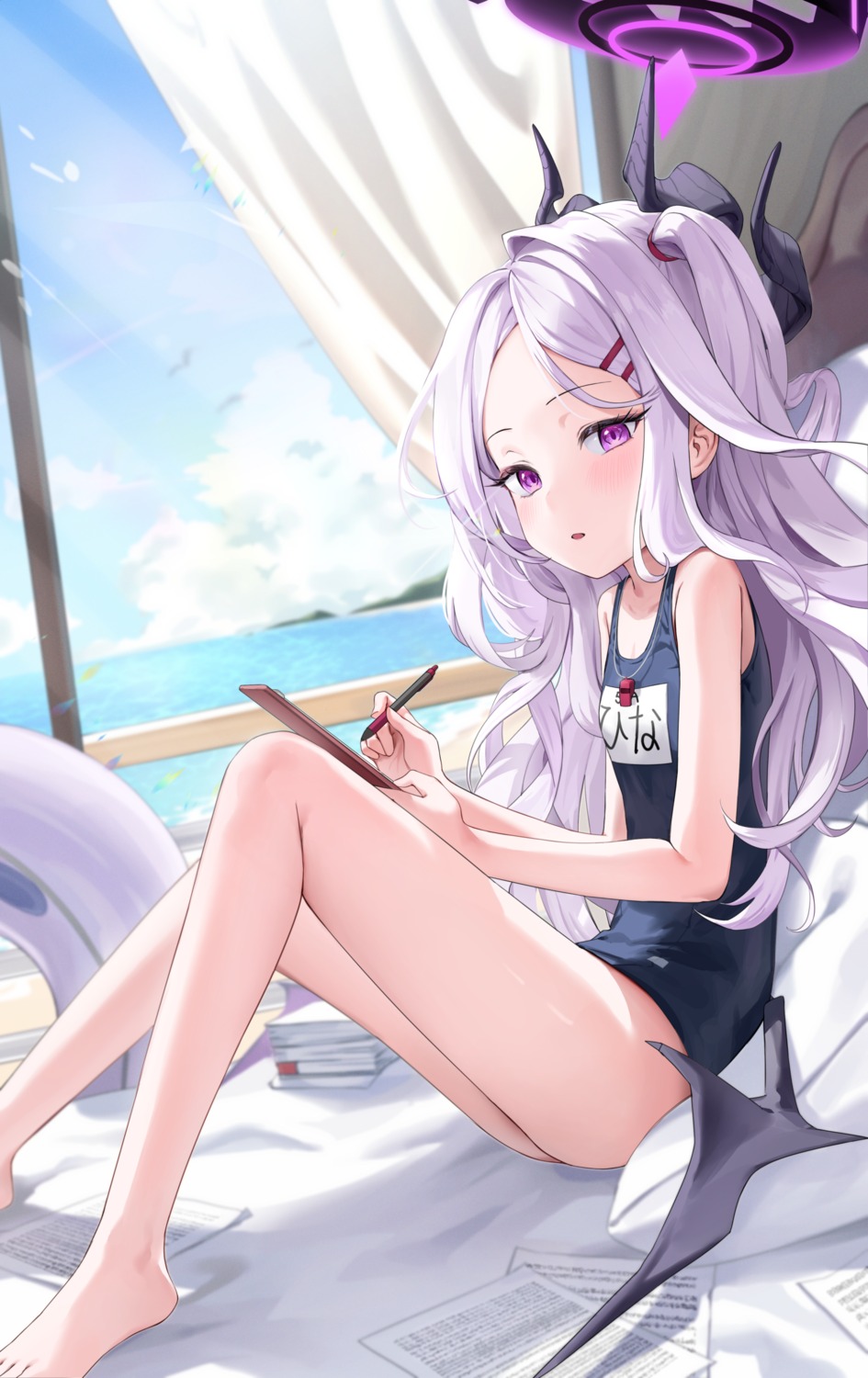 blue_archive, devil, halo, horns, murabana44, school_swimsuit, sorasaki_hina, swimsuits