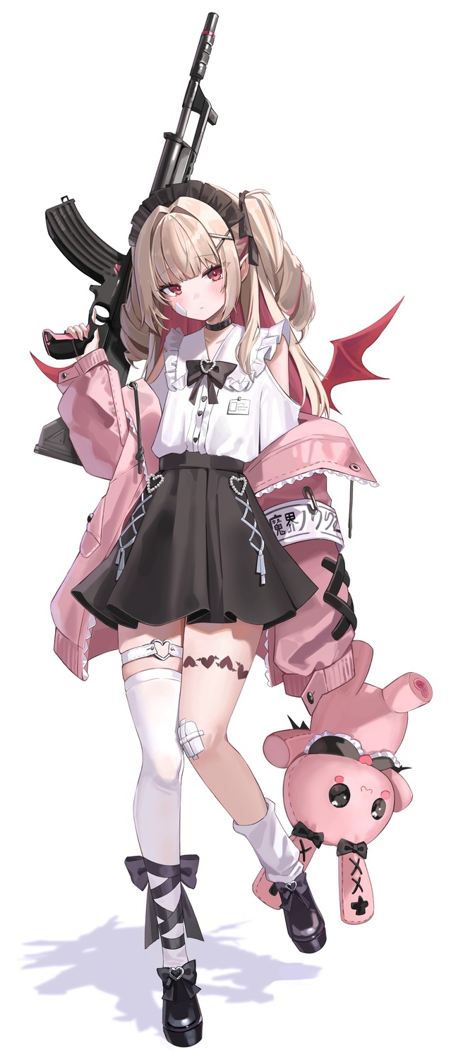 bandaid, garter, gun, makaino_ririmu, nijisanji, nijisanji_gamers, pointy_ears, riko_(rik0ring), tattoo, thighhighs, wings