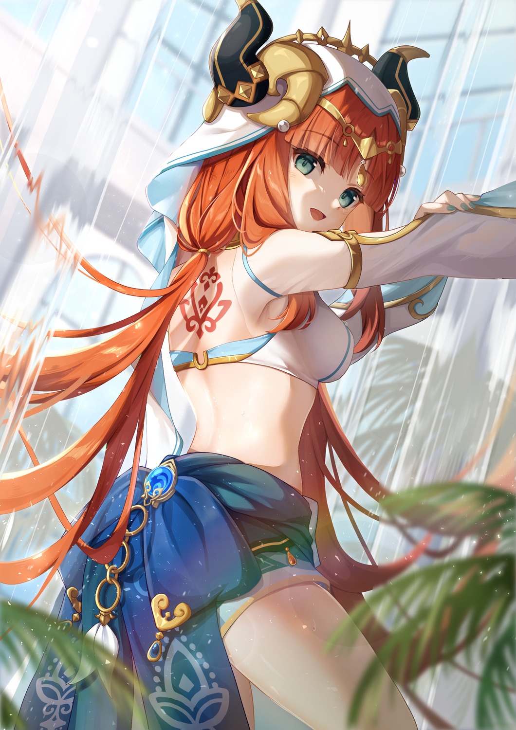 genshin_impact, horns, koki_(latte1023), nilou, no_bra, tattoo