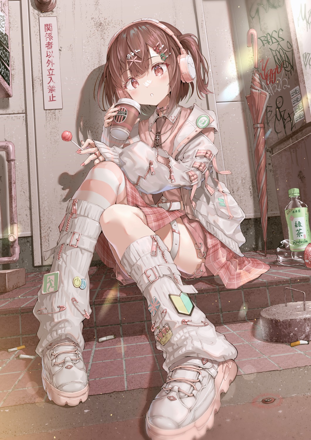 garter, headphones, hirokazu_(analysis-depth), thighhighs, umbrella