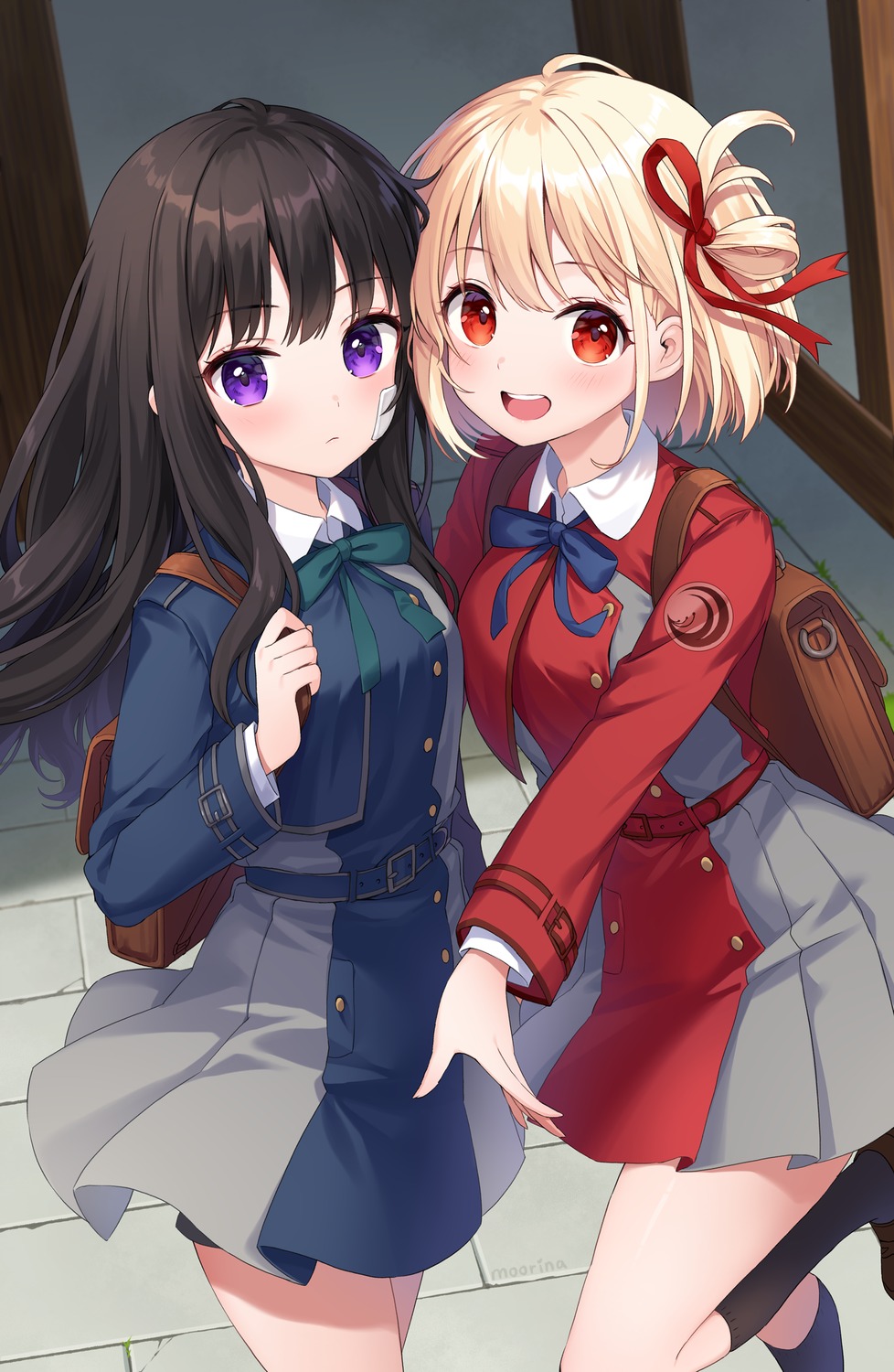 inoue_takina, lycoris_recoil, moorina, nishikigi_chisato, seifuku, skirt_lift