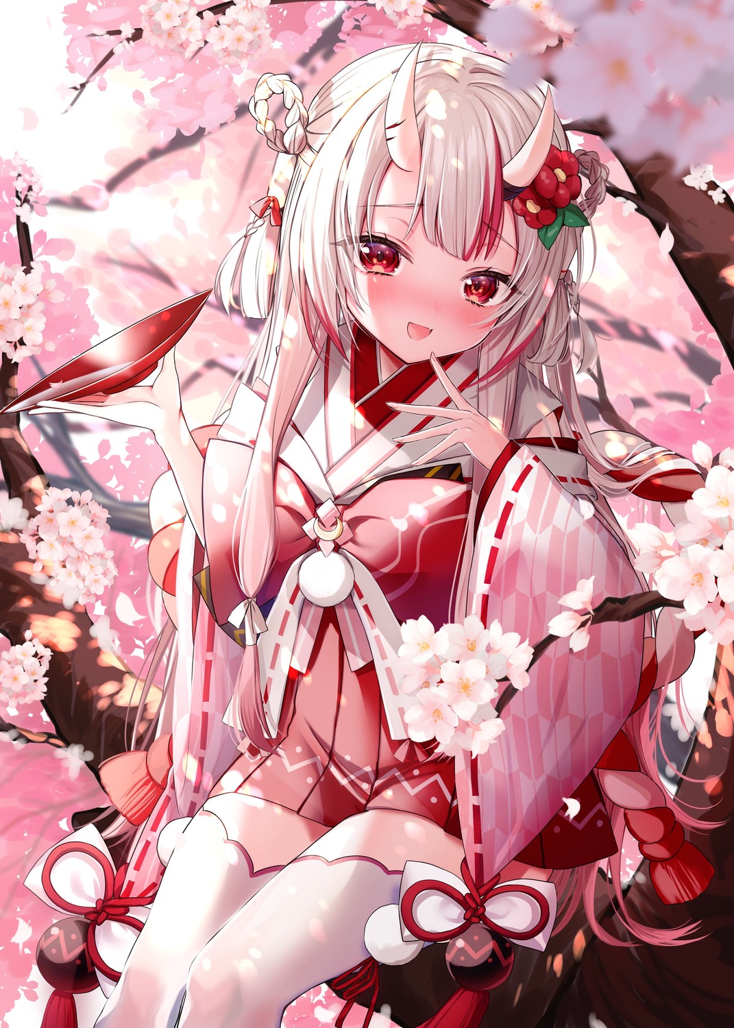 hololive, horns, ineka, japanese_clothes, nakiri_ayame, thighhighs