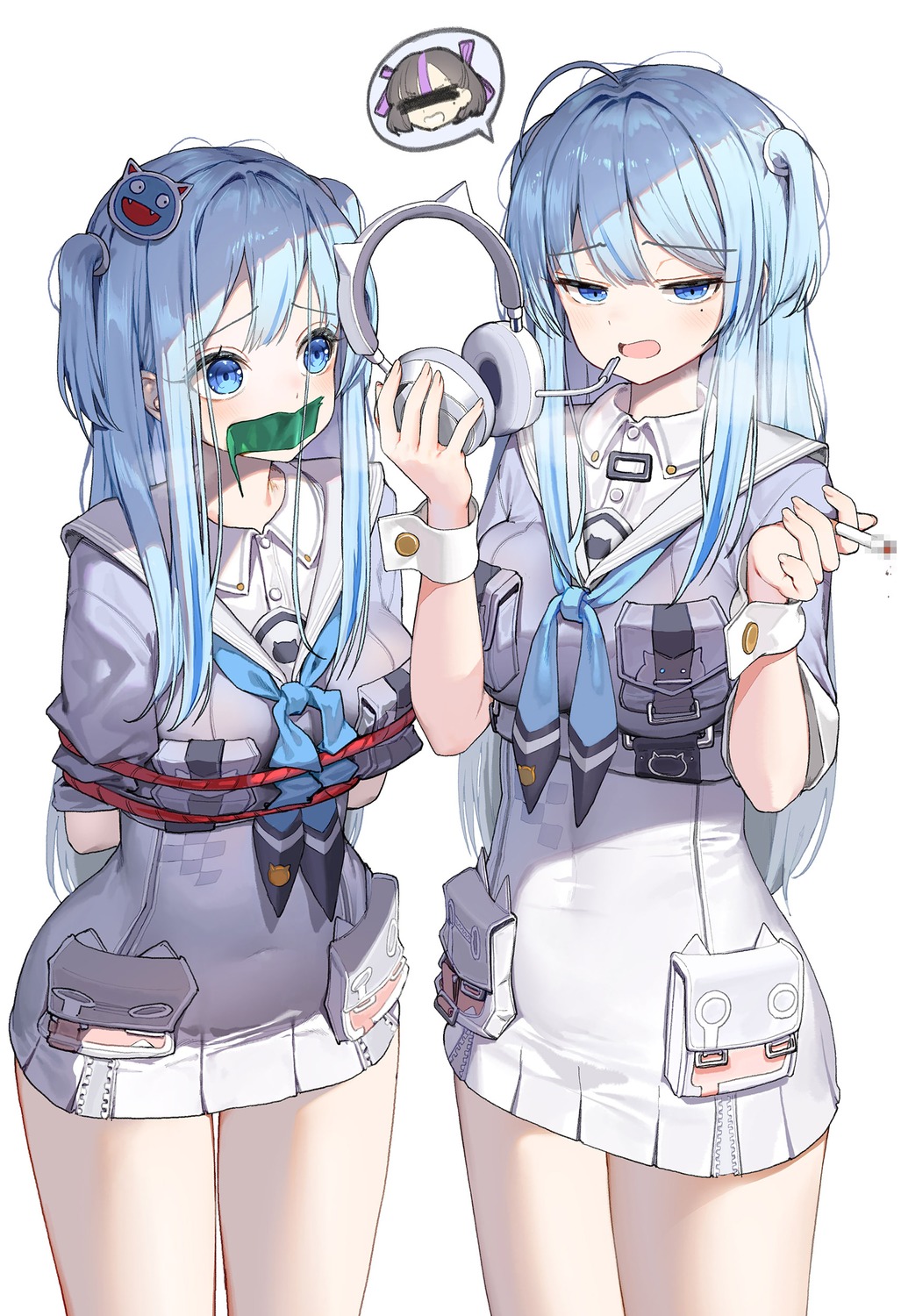 bondage, censored, dduck_kong, goddess_of_victory:_nikke, headphones, shifty_(nikke), smoking, uniform