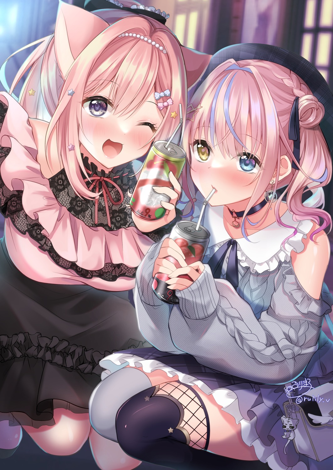 albinouji, animal_ears, enomiya_milk, fishnets, heterochromia, kurumizawa_momo_(noripro), nekomimi, noripro, sweater, thighhighs