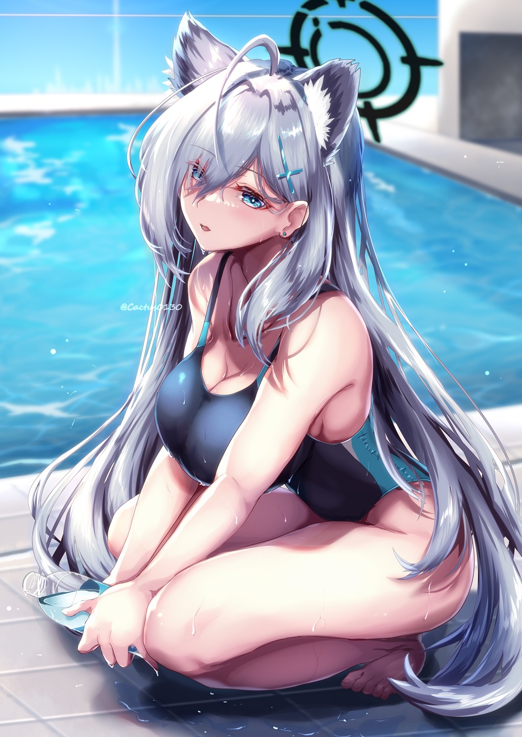animal_ears, blue_archive, cleavage, halo, nekomimi, saboten_teishoku, sunaookami_shiroko, sunaookami_shiroko_terror