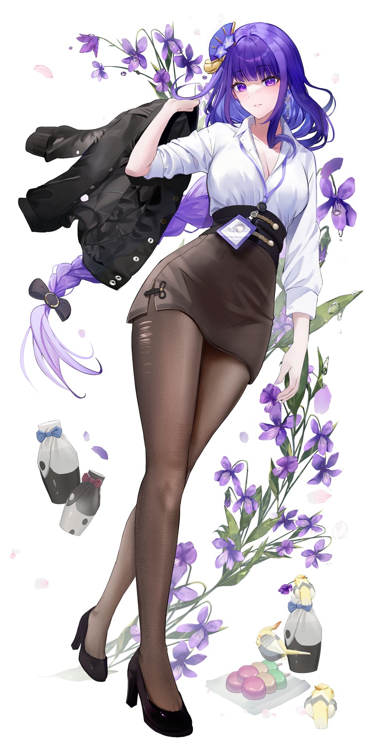 cleavage, dress_shirt, genshin_impact, heels, open_shirt, pantyhose, raiden_shogun, ttorong