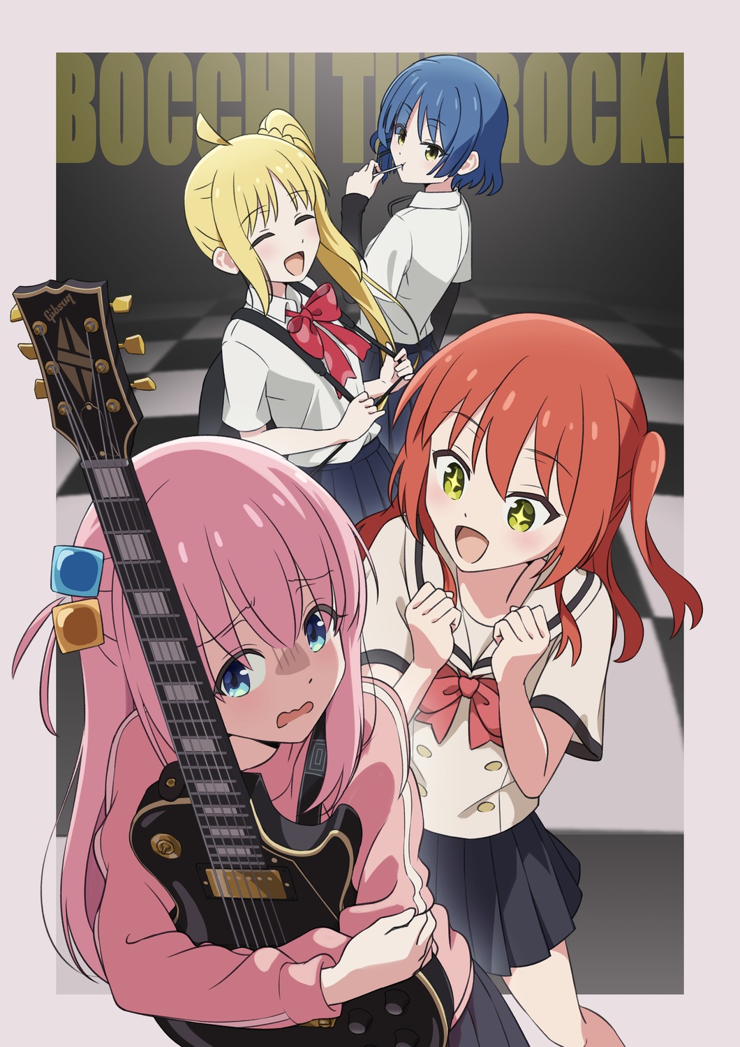 bocchi_the_rock!, girugiru_(tektonics6588), gotou_hitori, guitar, gym_uniform, ijichi_nijika, kita_ikuyo, seifuku