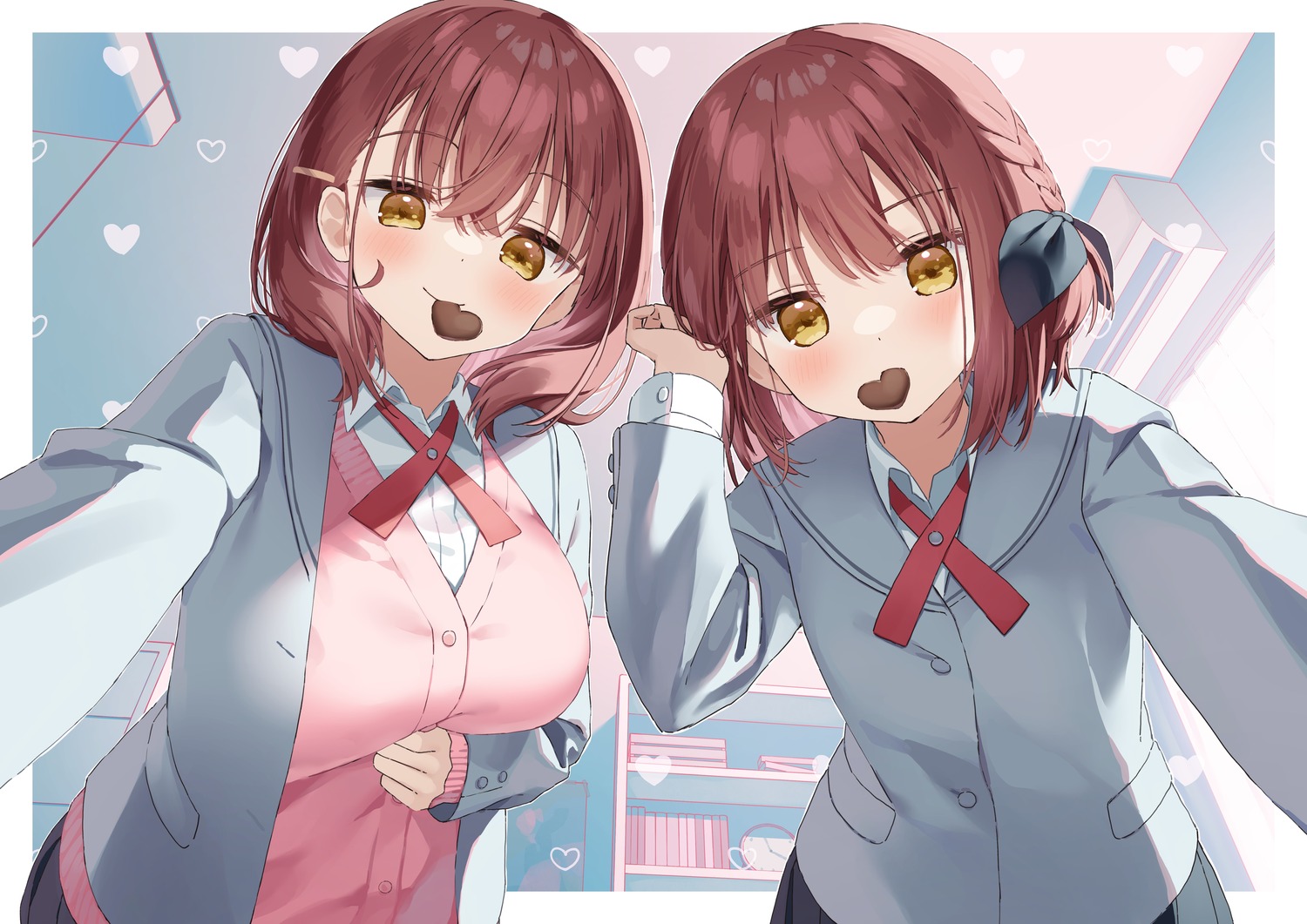 akari_(muninshiki), breast_hold, kazari_(muninshiki), muninshiki, seifuku, sweater, valentine