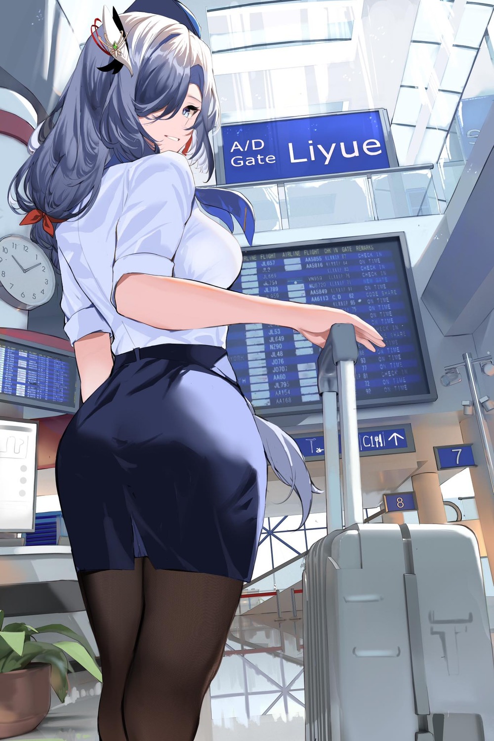ass, genshin_impact, pantyhose, shenhe, shiben_(ugvu5784), uniform