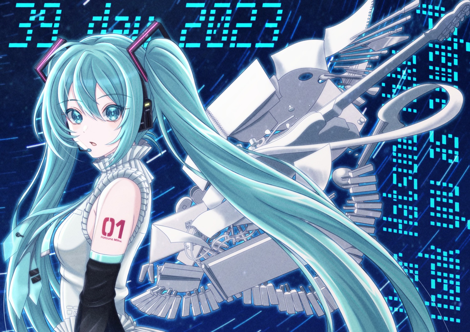 assiette47, hatsune_miku, headphones, mecha_musume, tattoo, vocaloid, wings