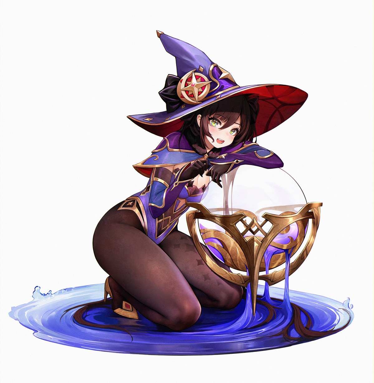 blackcat_enjia, genshin_impact, heels, leotard, mona_megistus, pantyhose, witch