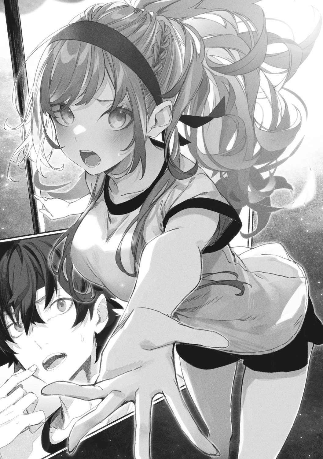 gym_uniform, isekai_de_cheat_skill_wo_te_ni_shita_ore_wa_genjitsu_sekai_wo_mo_musou_suru, kazama_kaede, kuwashima_rein, monochrome, tenjou_yuuya