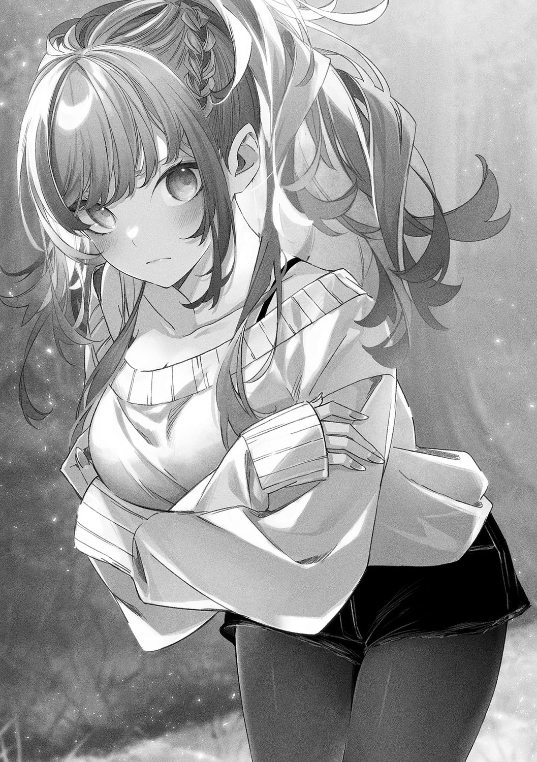 breast_hold, isekai_de_cheat_skill_wo_te_ni_shita_ore_wa_genjitsu_sekai_wo_mo_musou_suru, kazama_kaede, kuwashima_rein, monochrome, pantyhose, sweater