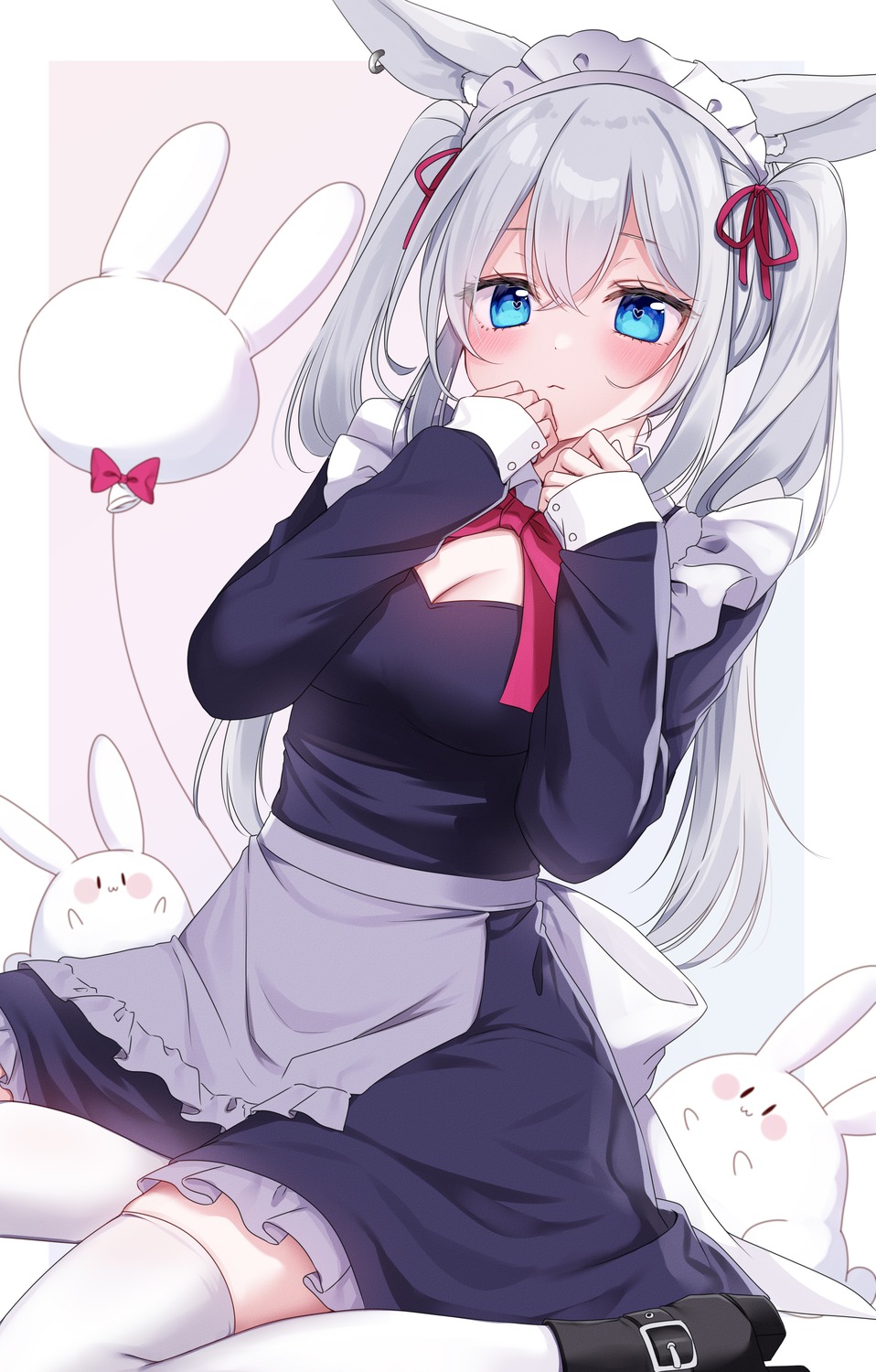 animal_ears, bunny_ears, cleavage, maid, shinonome_asu, thighhighs