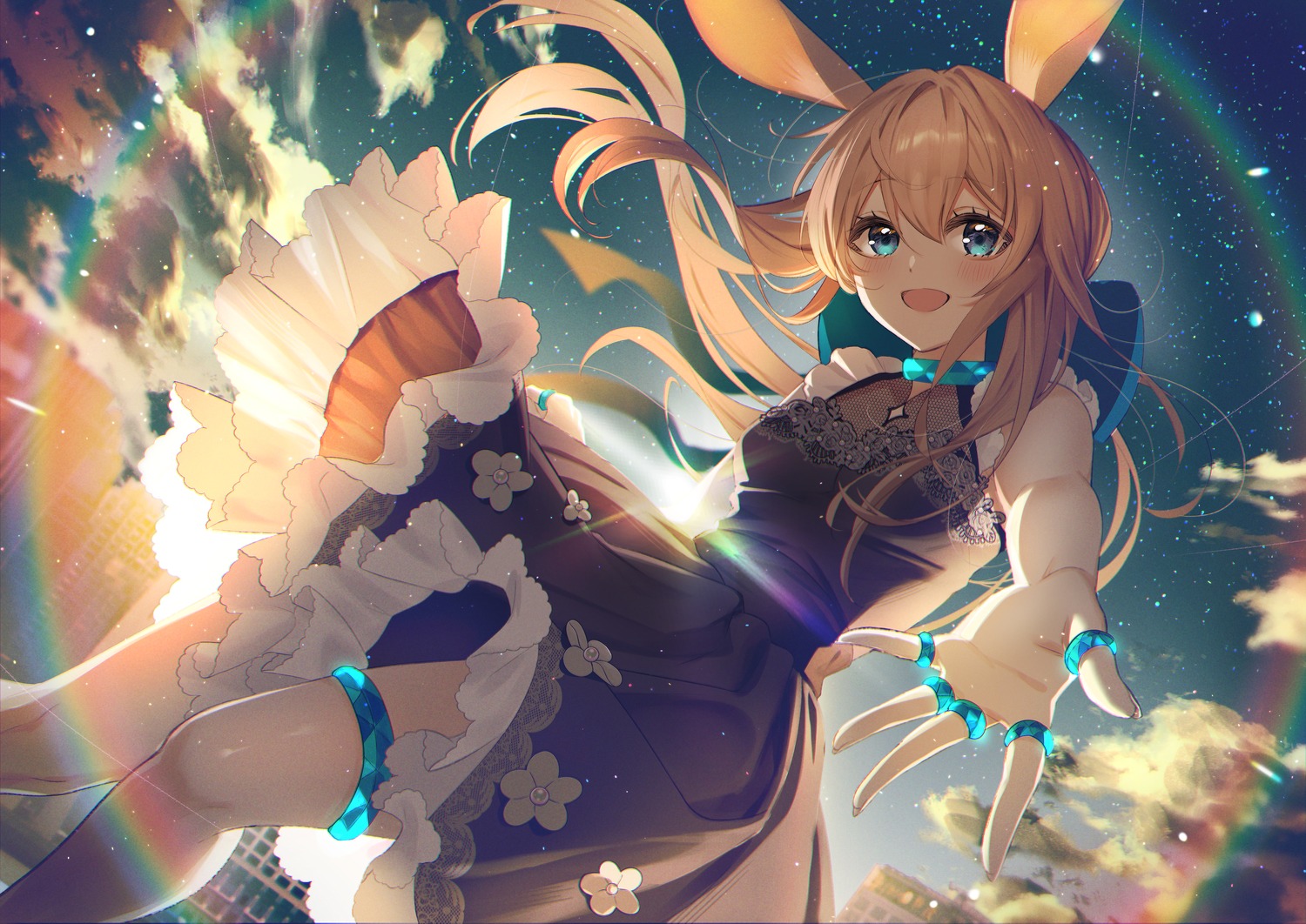 amiya_(arknights), animal_ears, arknights, bunny_ears, dress, garter, sallyzaemon, skirt_lift