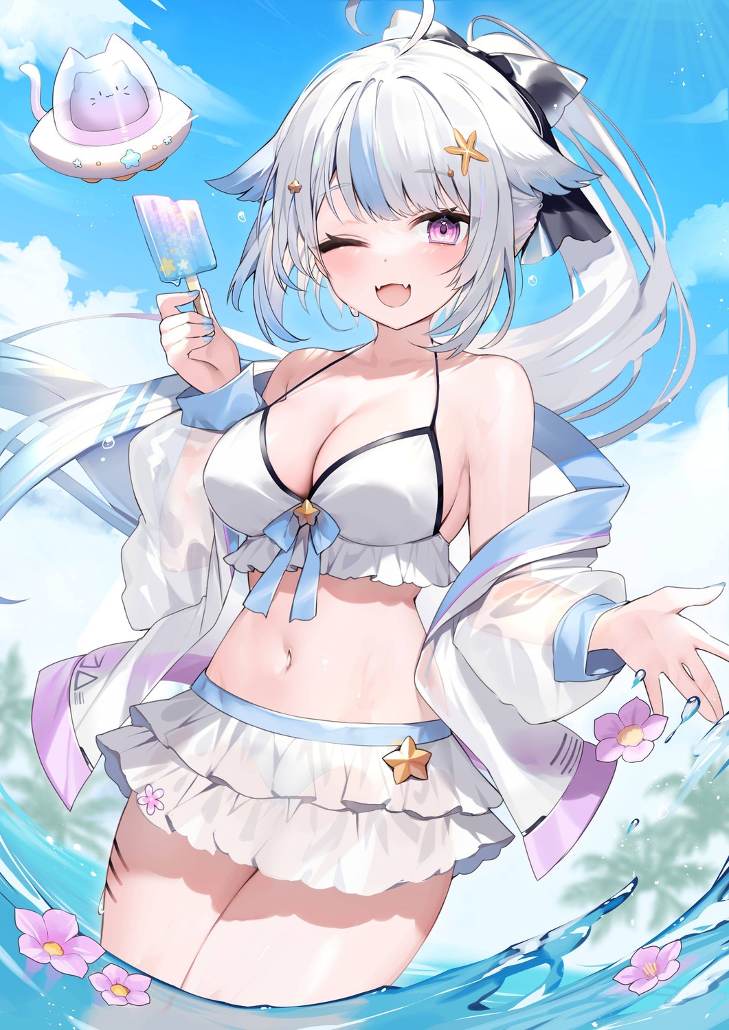 bikini, indie_virtual_youtuber, muryo, open_shirt, see_through, swimsuits, wet, yuru_(vtuber)