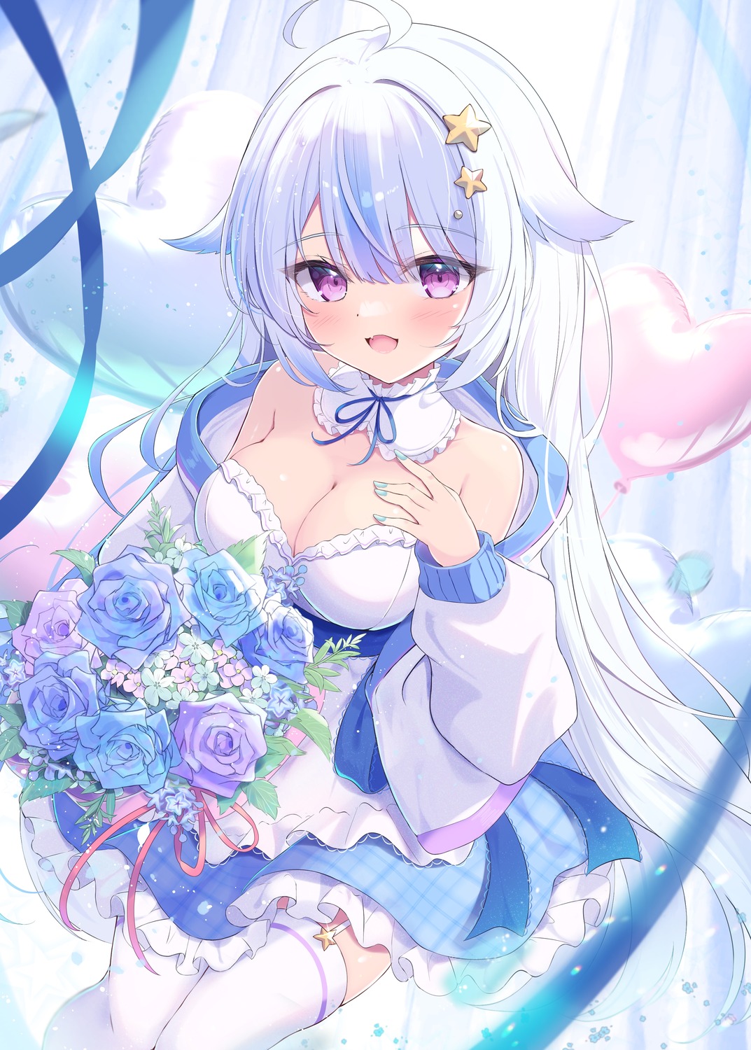 cleavage, dress, indie_virtual_youtuber, mikaze_maruto, no_bra, stockings, thighhighs, yuru_(vtuber)