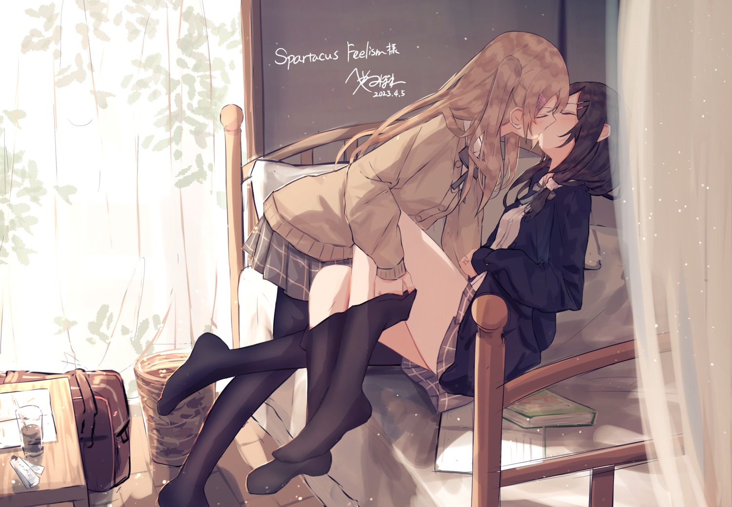 benevole, pantyhose, seifuku, skirt_lift, sweater, undressing, yuri