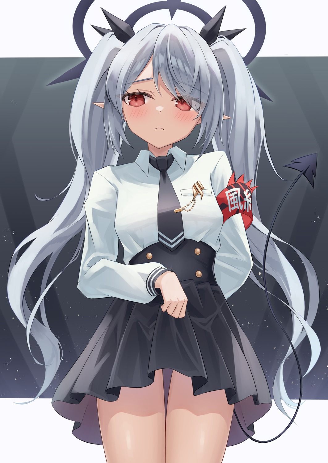 blue_archive, halo, hitsuji_(myn_mei), pointy_ears, seifuku, shiromi_iori, skirt_lift, tail