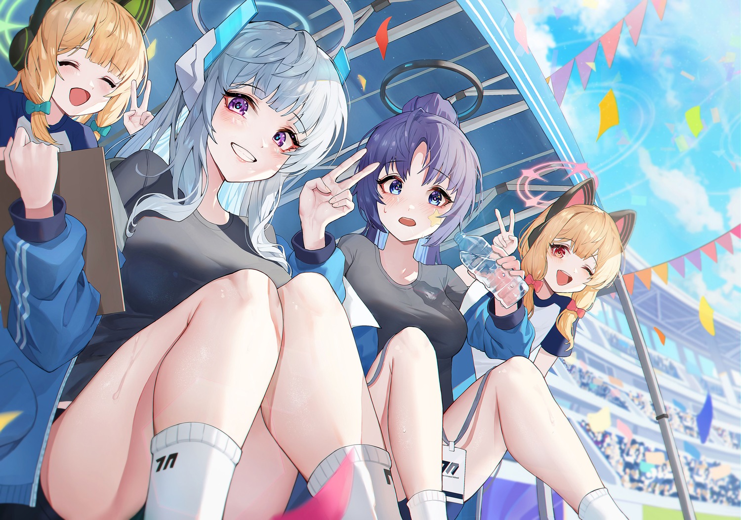 animal_ears, blue_archive, buruma, gym_uniform, halo, hayase_yuuka, headphones, josal, nekomimi, saiba_midori, saiba_momoi, tattoo, ushio_noa